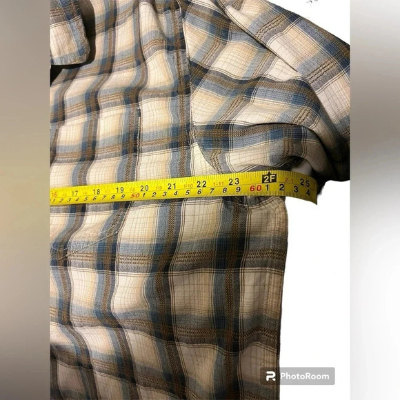 Horny Toad Button Up Shirt Mens XL Organic Cotton Beige Blue Plaid Chore - Picture 6 of 7